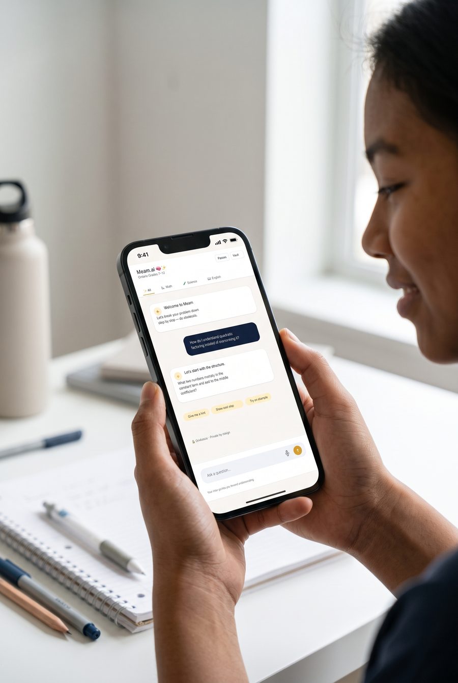 High-school student holding an iPhone showing the Meam.ai Socratic study session